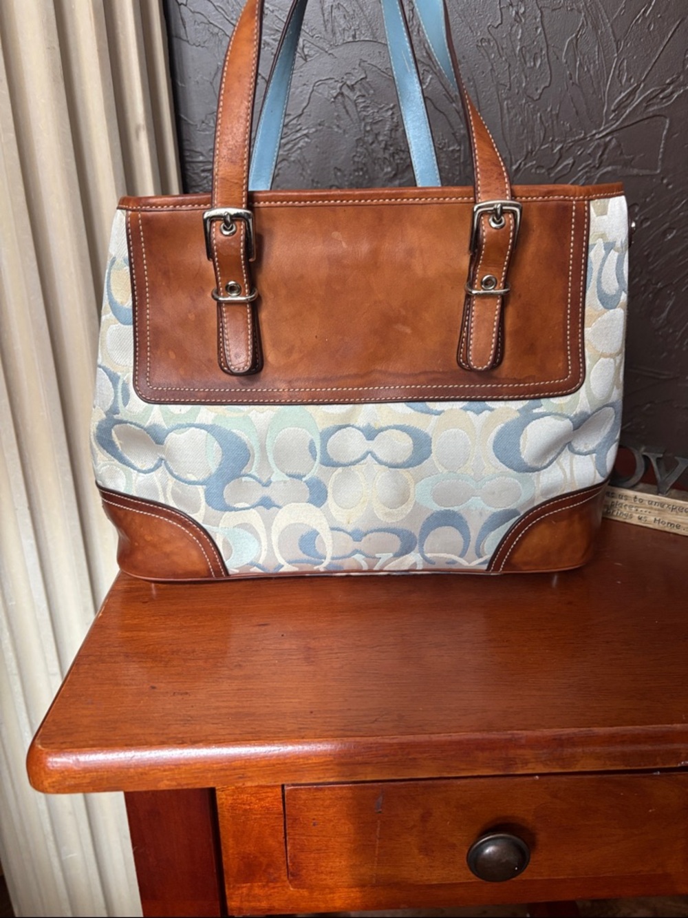 Coach Signature Jacquard Tote 7029 Blue Pastel Leather Trim Y2K